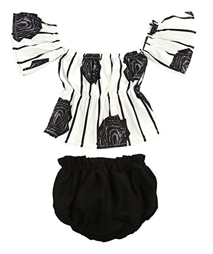 stylesilove Baby Girl Flower Stripe Print Off Shoulder Sunsuit with Bloomers 2 pcs Set (90/18-24Months)