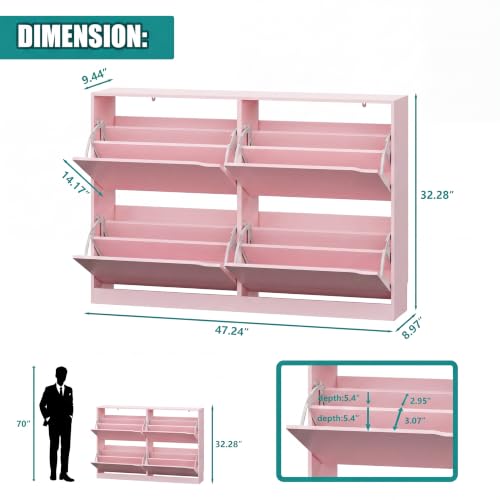 Image of Xixini Shoe Storage Cabinet for Entryway with 4 Flip Drawers, Sturdy Wood Hidden Shoe Storage, Freestanding Narrow Slim Shoe Organizer for Front Door Entrance, Living Room, Hallway, Bedroom, Pink