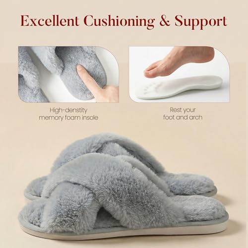 Image of Ankis Memory Foam Fuzzy Slippers for Women,Open Toe House Shoes | Faux Fur Cross Band,Indoor Outdoor Slippers, Anti-Slip, Comfy, Cozy, Fluffy, Gifts for Women, Mom Bride Bridesmaids