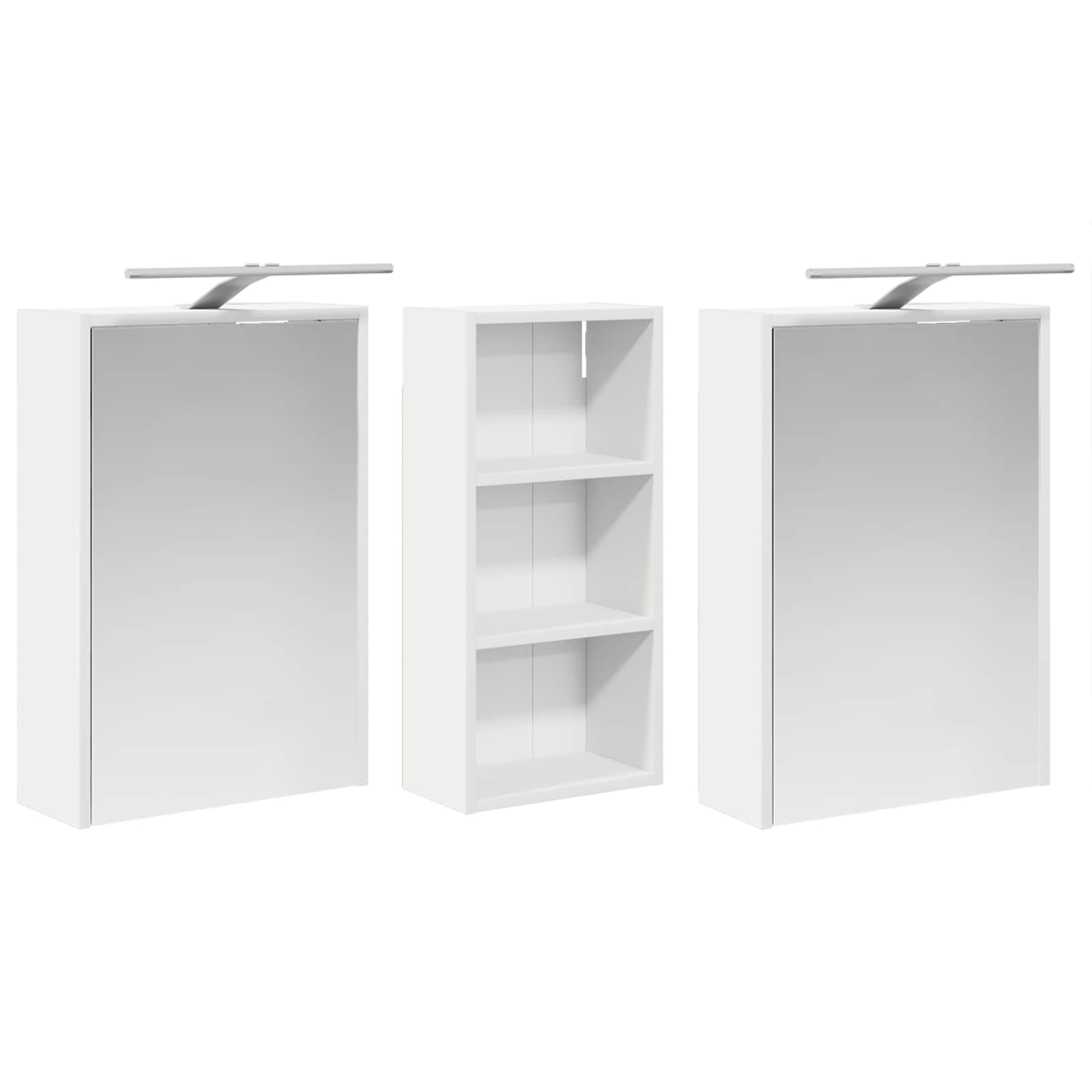 Zestaw szafek łazienkowych z materiału drewnopochodnego z 3 elementami 116 x 16 x 62,5 cm, montowana na ścianie z oświetleniem LED i dwukierunkowym lustrem, miejsce do przechowywania