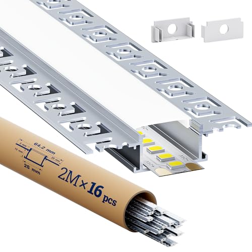 HOOLED 16 profili per cartongesso, 2 m, profilo in alluminio, da incasso con diffusore, canale da incasso a LED, per illuminazione indiretta, cartongesso, parete e soffitto