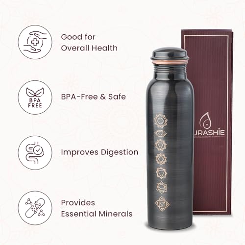Image of Pure Copper Water Bottle 1 Litre with Sacred (7 Chakras) Geometry Design | BPA Free & Leak Proof | Copper-Infused Water | Durable & Rust Proof | Ayurveda Health Benefits - (Antique Black)