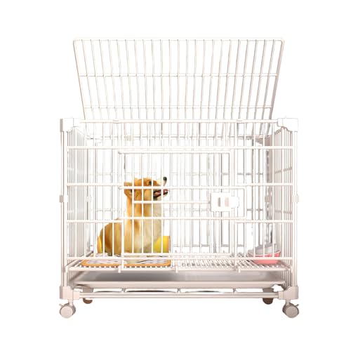 犬用クレートケージ犬小屋、中型小型犬用スタッキング可能な犬用クレート、子犬用出産ボックス、取り外し可能なトレイ付き屋内犬用、360°ロックな車輪 ホワイト 61*45*56cm