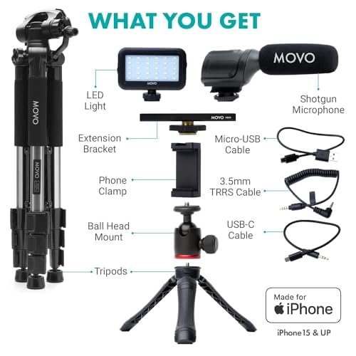 Movo uVlogger Kit Vlogging Compatibile Android/USB-C/iPhone 15 con Treppiede Grande - Kit Iniziale YouTube per Creatori di Contenuti - Accessori: Treppiedi, Supporto Telefono, Luce, Microfono Shotgun