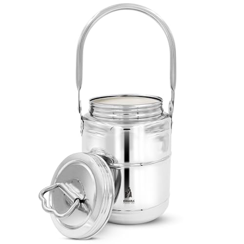 Image of Dhara Stainless Steel 3100 ml Dolchi Oil & Milk Container with Lid, Jointless One Piece Storage Pot with Screw Lid and Handle