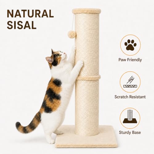 Image of PAWSCRAT Cat Scratching Post 32 Inch, Natural Sisal Cat Scratch Post, Scratch-Resistant and Durable Tall Cat Scratcher for Indoor Cats, Protect Your Furniture by Changing Your Cat's Scratching Habit