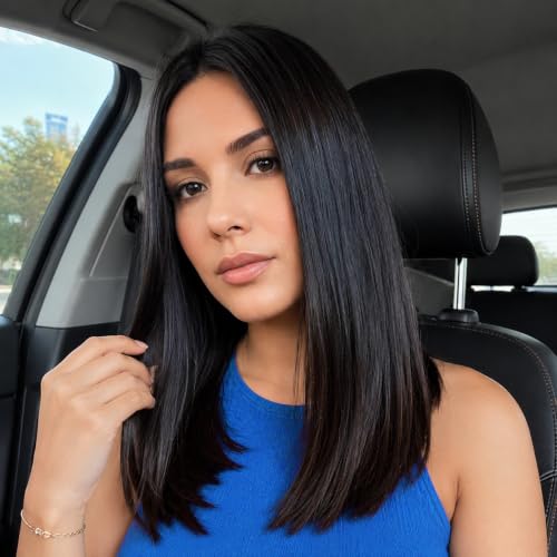 XC CLOUDS Black Bob Wigs Glueless Straight Wigs For Women Synthetic Heat Resistant Fiber Hair long bob wig Middle Part Natural Bob Wigs medium length wigs for women 16inch(Black)