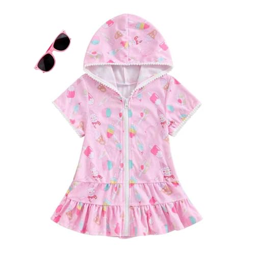 Girls Swim Cover Up Kids Swimsuit Coverup Terr𝐲 Zip-Up Beach Bathing Suit Wra𝐩s with (Light Pink, 18-24 Months)
