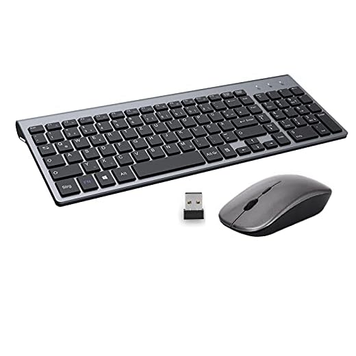 Ibera Tangentbord mus set trådlös, USB 2,4 G tyst ergonomiskt smalt QWERTZ-tangentbord och mus trådlöst trådlöst tangentbord set för Windows, Mac, dator, dator, bärbar dator, Smart TV (svart)