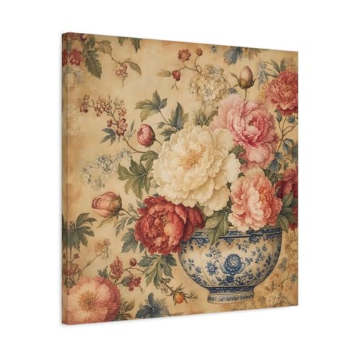 Toile pivoines vintage au-dessus de la console d'entrée