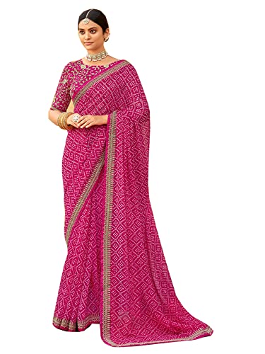 Sari en georgette avec bordure et chemisier vêtement traditionnel indien rose