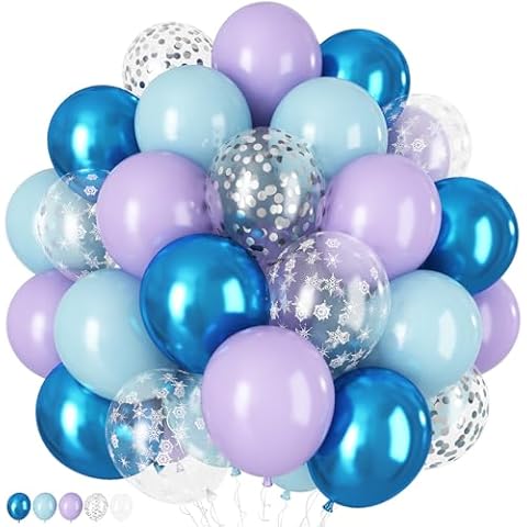 60Pcs Frozen Balloons, Dusty Light Blue Purple Metallic Dark Blue with Snowflake Clear Silver Confetti Latex Balloon for Girls Winter Wonderland Birthday Baby Shower Christmas Frozen Party Decorations Cover