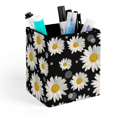 Quteprint Soporte cuadrado para lápices, soporte para bolígrafos con patrón de margaritas florales para escritorio, organizador de bolígrafos de oficina, accesorios de escritorio, soporte para brochas
