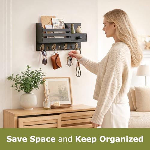 Image of Key Holder Wall Mount, Wooden Adhesive Mail and Key Organizer with Drawer, Small Shelf, 8 Hooks, 2 Installation Methods, Black