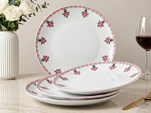 Image of Bodhi House Premium Porcelain Dinner Plates Set of 4 | Pink Blossom Design | Durable, Microwave & Dishwasher Safe | Dinnerware Plates for Everyday Use & Set for Home, Dining, Kitchen & Gifting