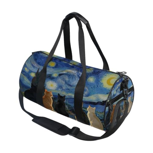 Bolsa redonda ligera de lona para deporte con escena nocturna de gatos