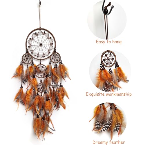 Grand attrape-rêves plumes marron perles bois déco murale