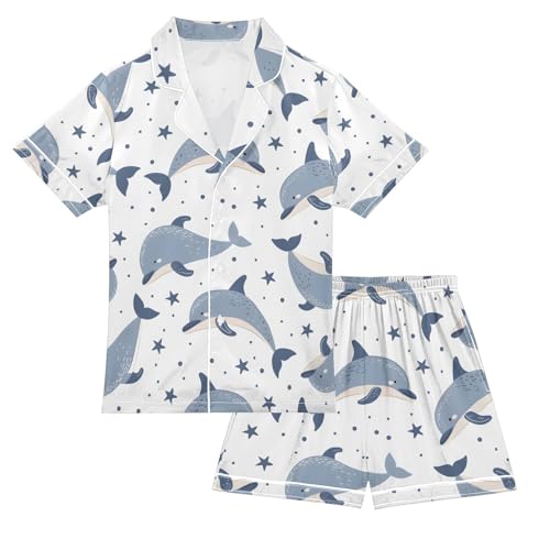 ALAZA Whale Star Fish White Pajamas Satin Pajama Set Short Sleeve Button Down Sleepwear