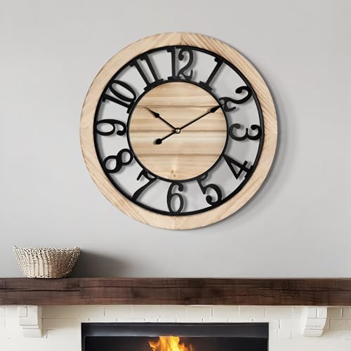 LEIKE 16 Inch Large Wall Clock - Rustic Wooden Silent Non-Ticking Wall Clock with Black Metal Frame, Vintage Farmhouse Decorative for Living Room, Bedroom, Kitchen - Arabic Numerals, Modern Design