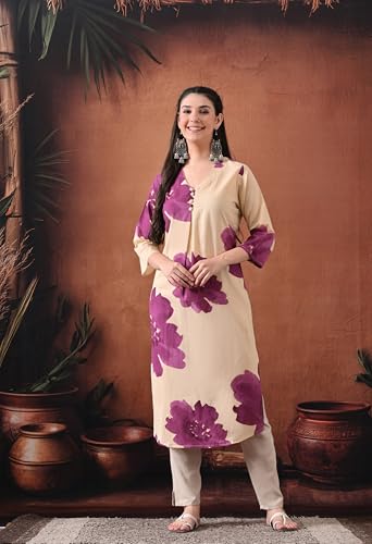 Image of Ichaa Women's Pure Cotton A-Line Ethnic V-Neck Kurta with 3 /4th Sleeve for Daily and Office Wear, in Plus Sizes