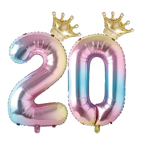 Globo de número 20 arcoíris de 40 pulgadas con corona, globo de helio número 20 de tamaño grande para niños de 20 años, decoración de fiesta de cumpleaños, boda, aniversario