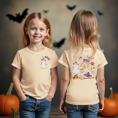 BOUTIKOME Toddler Baby Girls Halloween T-Shirts Boo Ghost Pumpkin Witches Graphic Shirts Kid Short Sleeve Tees Fall Tops4