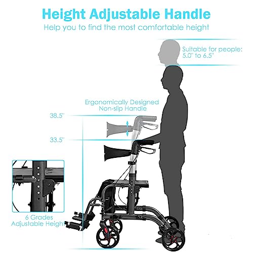 Goplus 2 In 1 Rollator Walkers For Seniors, Folding Rollator Walker With Seat, 8-Inch Wheel Medical Drive Walker Wheelchair Combo With Backrest, Adjustable Handle For Adults, Aluminium Frame #TOP4