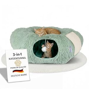 3-in-1 Katzentunnel mit Katzenbett & Kratzflächen | Flexibel nutzbarer Premium Katzentunnel aus weichem Plüsch als Katzenhöhle, Katzenkorb & Katzenspielzeug | Waschbar | Mit Sisal Kratzmatte | Salbei