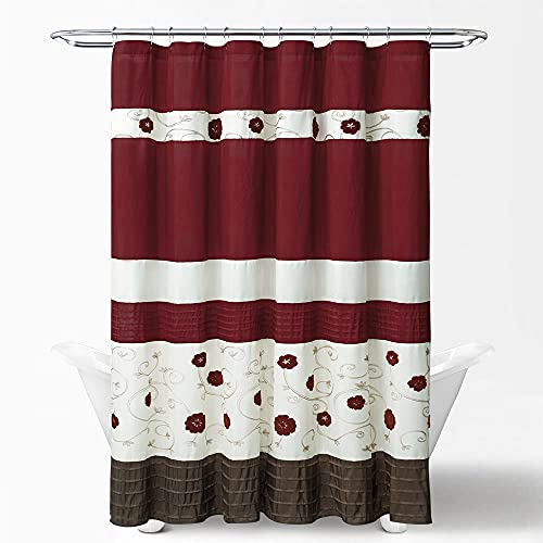 Brhf Floral Embroidery Pleated Fabric Shower Curtain, Burgundy Royal Garden Faux Silk Bathroom Curtain With Branches And Flowers, Unique Color Block Bath Curtain For Home Decor, 1 Piece 72"X72" #TOP3