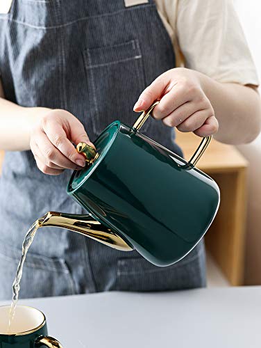 Purzest Tea Cup Teapot Set With Tray, Emerald Ceramic Teapot Coffee Cups Set Christmas Gift For Drinking Tea Latte Water, Tea Pot 40 Oz, 4 Cups 10 Oz #TOP2
