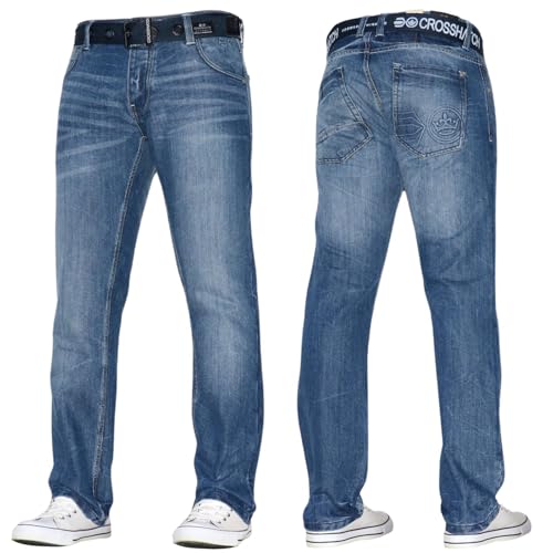 Image of Crosshatch Mens Stretch Straight Leg Jeans Trousers Free Belt Stylish Fashion Branded Denim By JEANBASE Stonewash 34W X 30L