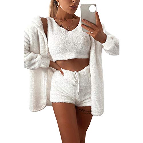 Schlafanzug Pyjama,3Pcs Plüsch Pjs Tank Top Shorts Schnürung Kurze...