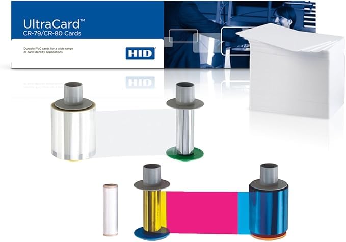 HID Fargo HDP5000 Supplies Pack: 084053 YMCKO Color Ribbon (500 Prints), 084053 Retransfer Film (1500 Prints), and 1x Box of Fargo CR80 30 Mil UltraCard PVC Cards (x500 Per Box)