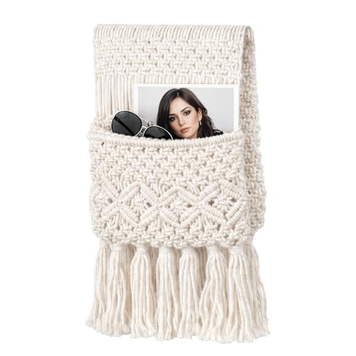 FERNVALE Boho Chic Armrest Organiser for Sofa & Chair Non-Slip Couch Arm Storage Basket for Remote Phone Tablet & Magazines Bedside Hanging Armrest Organiser for Living Room Dorm & Small Spaces