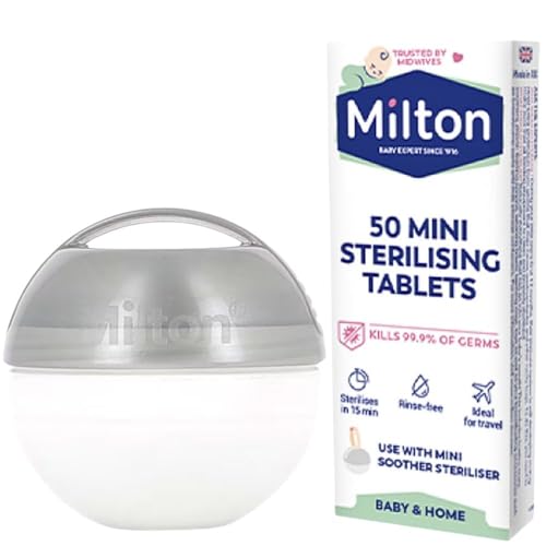 MiltonBaby Mini Soother Steriliser in Silver, Portable Teat Steriliser Desinfecting Travel Unit and Mini Sterilising 50 Tablets with Welari Thank You Card | (1pack) (1unit)