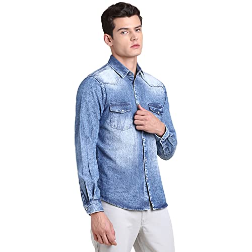Image of Dennis Lingo Men's Solid Denim Cotton Slim Fit Full Sleeve Casual Shirt with Flap Pockets and Snap Buttons