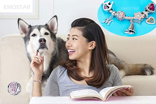 Dog Paw Print Charms With Colorful Pink Crystals, 925 Sterling Silver Puppy Pet Pawprint Footprint Beads, Fits Pandora Valentines Bracelet, Gifts For Mothers Day/Birthday/Easter #TOP5