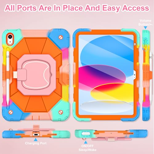 Image of WESOROL Case for iPad (A16) 11th /10th Generation 2025 /2022 with Screen Protector Rotating Stand Pencil Holder iPad Case 10th Generation Shockproof Cover for iPad 10th Gen Cases,Colorful Orange