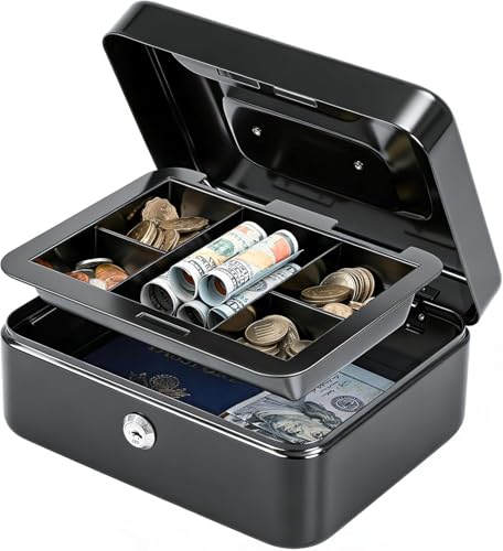 Image of Cash Box with Lock & Key 8 Inch | Heavy Duty Steel Money Safe Box | Cash Storage Box with Removable Tray | 5 Coin Sections & Bill Compartment | Secure Cash Organizer for Home, Shop & Office
