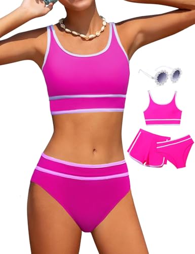 Image of Girls Swimsuits 3 Piece Bathing Suit Bikini Set with Sporty Shorts and Sunglasses Beach Swimwear for Girl 8-15 Years
