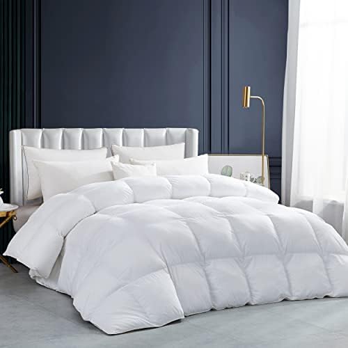 Luxurious White Solid Heavy Weight, Queen Size Goose Feathers Down Comforter for Winter Weather Duvet Insert, Premium Baffle Box, 100% Egyptian Cotton Cover, 65 oz. Fill Weight - Thumbnail 2