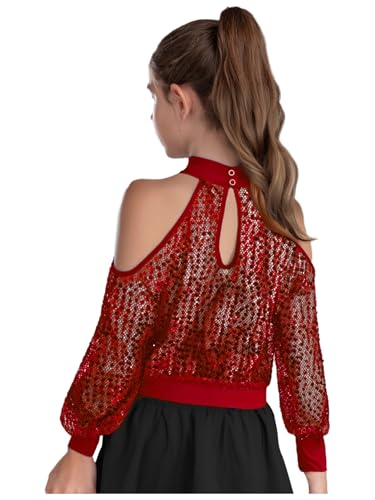 Kids Girls Shiny Sequin Dance Cropped Tshirt Tees Long Sleeve Cold Shoulder Mesh Crop Top2