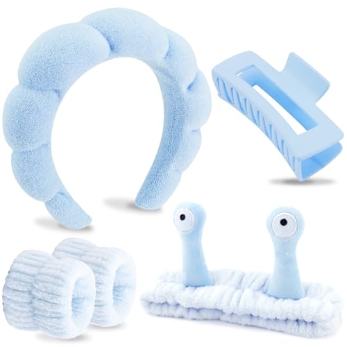 VELSCRUN Spa Headband Makeup Face Wash Skincare Headbands 5 Pcs Sponge Get Ready Snail Hairband Facial Wristband Hair Clip Set Stuff for Teen Girls Women Trendy Hair Accessories Blue