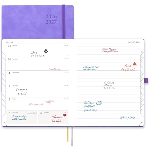 POPRUN Weekly Planner 2026-2027 (Large 8.5''x 10.5'') Academic Calendar (JUL.26 - JUN.27) Appointment Book with Monthly Tabs, Leather Soft Cover, Inner Pocket, 100 GSM - Lilac Lilac Large-8.
