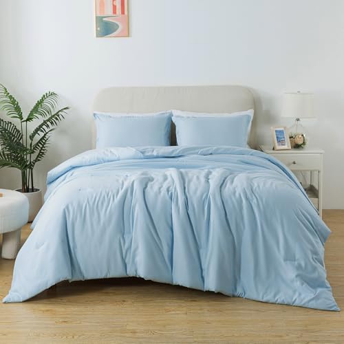 Caressma Light Blue Comforter Set Twin Size Solid Lightweight Down Alternative Soft Boho Bedding Comforter Set Breathable Fluffy Microfiber Skin-Friendly Comforter (68x90) for All Seasons