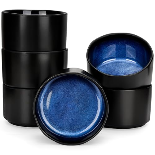 CSYY Set di 6 Ciotole in Ceramica Artigianale, 500ml Ciascuna Smaltate Nero Opaco con Interno Blu Scuro Perfette per Insalate Zuppe Frutta e Dessert Stoviglie Moderne per Cucina e Tavola