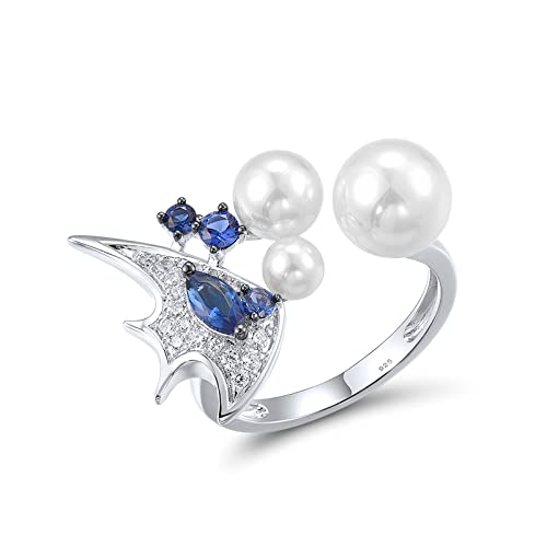 Santuzza 925 Sterling Silver Angel Fish Ring Blue Glass Cubic Zirconia Pearl Tropical Fish Ring for Women (7)