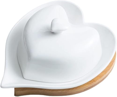 QUHUOYAO Mantequillera,Mantequillera Porcelana,Tazón de mantequilla en forma de corazón con tapa,Con base de bambú y madera