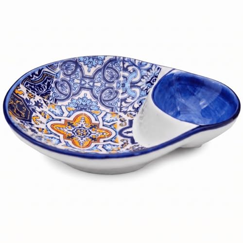 Alcoa Arte Portuguese Pottery Alcobaça Ceramic Olive Serving Dish With Pit Holder (Blue), 5.5'' X 6.5'' X 1.5''