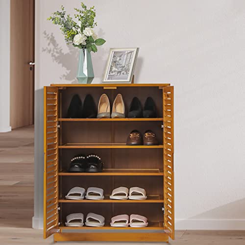 Monibloom 5 Tier Shoe Storage Cabinet With Shutter Doors, Bamboo Shoe Floor Storage Organizer Rack For 11-15 Pairs Entryway Hallway Mudroom, Brown #TOP6
